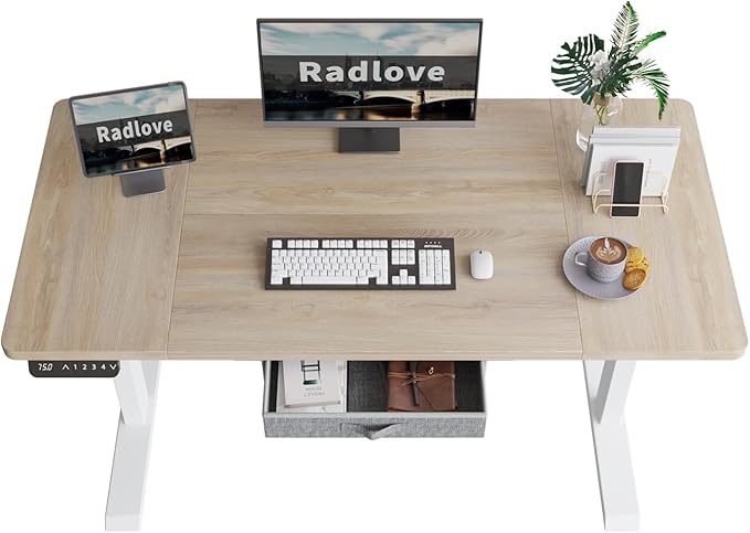 Radlove Dual Motors Height Adjustable 55 x 30'' Electric Standing Desk with Drawer Stand Up Table 4 Memory Keys, Computer Desk with Splice Board Home Office Desk, Oak Top + White Frame