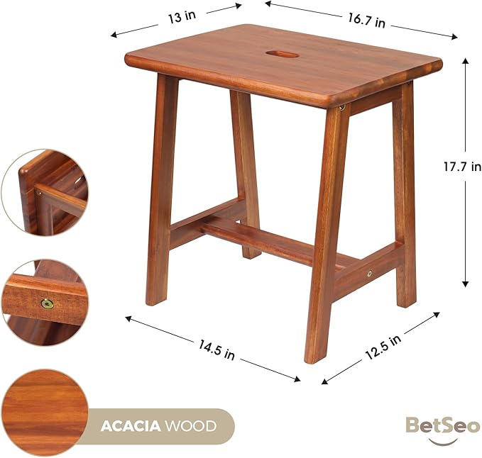 Rectangular Acacia Wood Stool (16.7"D x 13"W x 17.7"H) Small Bench Seat, Small End Table Stool, Bathroom Stool Wood, Plant Stool, Makeup Stool, Perfect Size for Living Room,Bathroom(Light Brown Color)