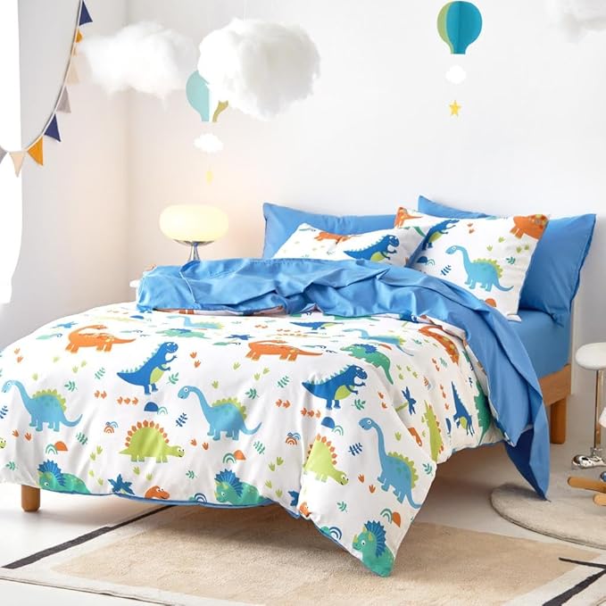 Wake In Cloud - Dinosaur Bedding Set for Boys, Cute Colorful Dinosaur Comforter Set with Sheets, 5 Pieces Kids Bed in a Bag, White Blue, Twin Size
