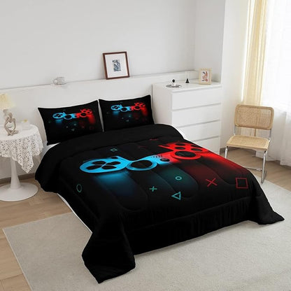 Erosebridal Boys Gamepad Comforter Set King,Play Gamer Bedding Set Kid Young Man Video Games Down for Teen Child Game Room Decor Black Classic Retro Gaming Quilt Duvet Set with Controller Button
