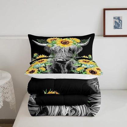 Highland Cow Bedding Set Kids Sunflower Floral Western Cow Bull Comforter Set for Girls Teens Farmhouse Wildlife Animal Comforter Black Duvet Set Room Decor Quilt Set Full Size