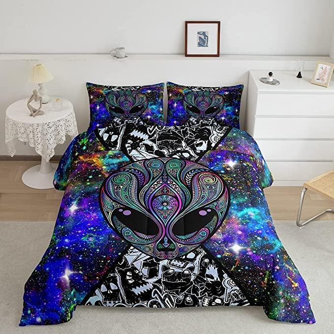 Trippy Alien Comforter Set King Size Kids Boys Galaxy Hippie Graffiti Bedding Set Psychedelic Alien Outer Space Comforter Purple Trippy Room Decor Bohemian Alien Quilted Bed Sets for Adults Men Boys