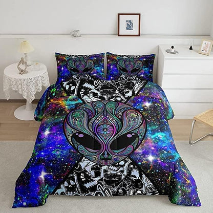 Trippy Alien Comforter Set King Size Kids Boys Galaxy Hippie Graffiti Bedding Set Psychedelic Alien Outer Space Comforter Purple Trippy Room Decor Bohemian Alien Quilted Bed Sets for Adults Men Boys