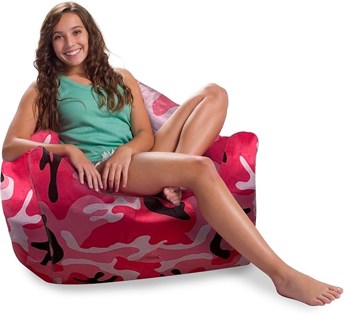 Posh Creations Structured Comfy Bean Bag Chair for Gaming, Reading and Watching TV, Malibu Lounge, Nylon - Camo Pink and Black