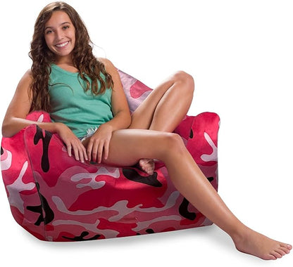 Posh Creations Structured Comfy Bean Bag Chair for Gaming, Reading and Watching TV, Malibu Lounge, Nylon - Camo Pink and Black