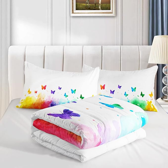 CVHOUSE Butterfly Bedding Set,Butterfly Comforter King,Butterfly Comforter Set for Girls Kids Teens,Butterflies Quilt Set with 1 Comforter and 2 Pillow Cases- 3 Piece
