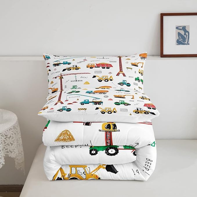 Feelyou Heavy Machinery Truck Bedding Set Tractor Crane Comforter Set for Kids Boys Girls Youth Construction Site Comforter Nursery Decor Quilt Set Room 3Pcs Queen Size