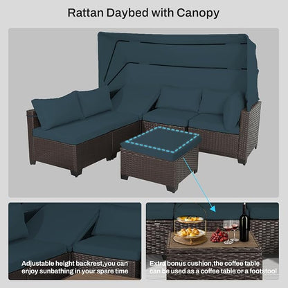 6 PCS Outdoor Patio Furniture Set,Sectional Sofa Set,Rattan Daybed with Retractable Canopy,Adjustable Backrest,Storage Coffee Table,Chaise Chair Sunbed for Garden Poolside Backyard(Sky Blue)
