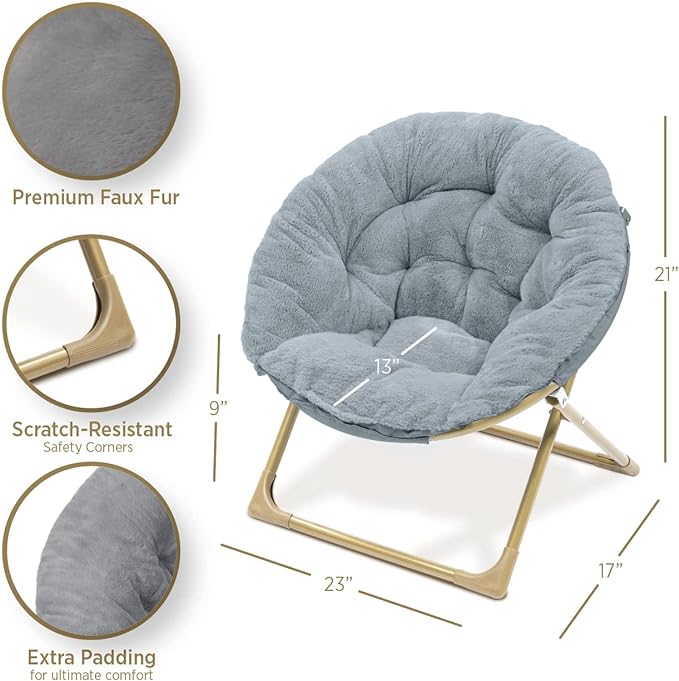 Milliard Mini Cozy Chair for Kids, Sensory Faux Fur Folding Saucer Chair for Toddlers, Grey