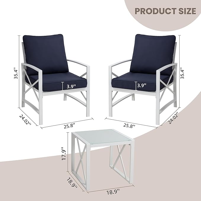 Shintenchi 3 Piece White Metal Outdoor Furniture Sectional Set, Modern Outdoor Metal Chair Conversation Furniture Set with Coffee Table for Patio,Backyard,Balcony (Dark Blue)