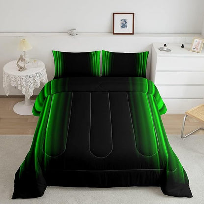 Feelyou Geometric Abstract Ombre Bedding Bed Set Men Adults Teens Green and Black Striped Comforter Set Kids Boys Girls Simple Modern Comforter Inner Fill Bedroom Collection 3Pcs Queen Size