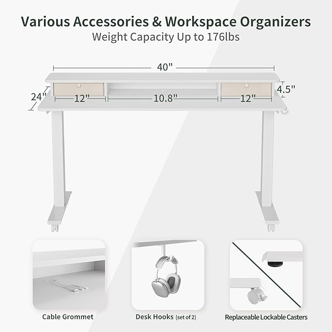 FEZIBO 40 x 24 Inch Height Adjustable Electric Standing Desk with Double Drawer, Stand Up Desk with Storage Shelf, Sit Stand Desk, White