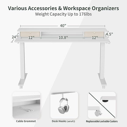 FEZIBO 40 x 24 Inch Height Adjustable Electric Standing Desk with Double Drawer, Stand Up Desk with Storage Shelf, Sit Stand Desk, White