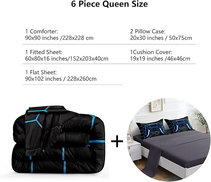 6 Pieces Gaming Bedding Set for Boys Gamer Comforter Set Queen Size,Game Controller Comforter for Boys Kids Teen 3D Gamepad Microfiber Bedding Sets 6 Pieces Bed in A Bag Sets H50022,Queen