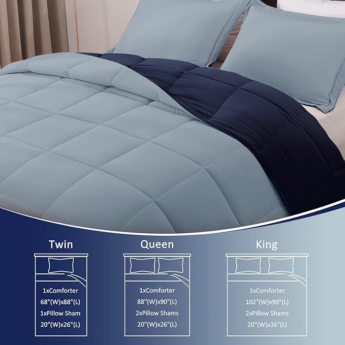 Basic Beyond King Size Comforter Set - Fluffy King Bed Comforter Set for All Seasons - Reversible Blue Comforter Set King - 3 Pieces (1 Comforter + 2 Pillow Shams) - Blue/Sapphire