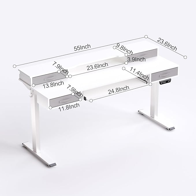 Electric Standing Desk, Multifunctional Standing Desk Adjustable Height, 55 * 24 Standing Desk with 4 Drawers, Ergonomic Adjustable Standing Desk with Keyboard Tray, Snow White