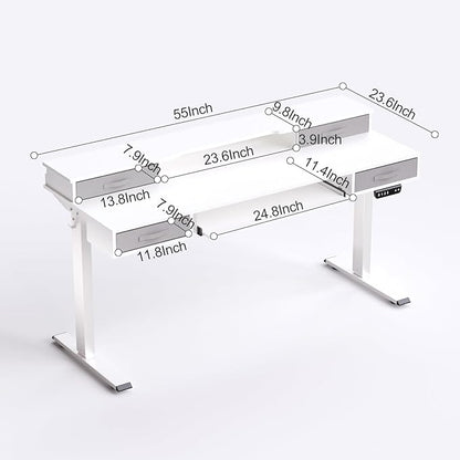 Electric Standing Desk, Multifunctional Standing Desk Adjustable Height, 55 * 24 Standing Desk with 4 Drawers, Ergonomic Adjustable Standing Desk with Keyboard Tray, Snow White