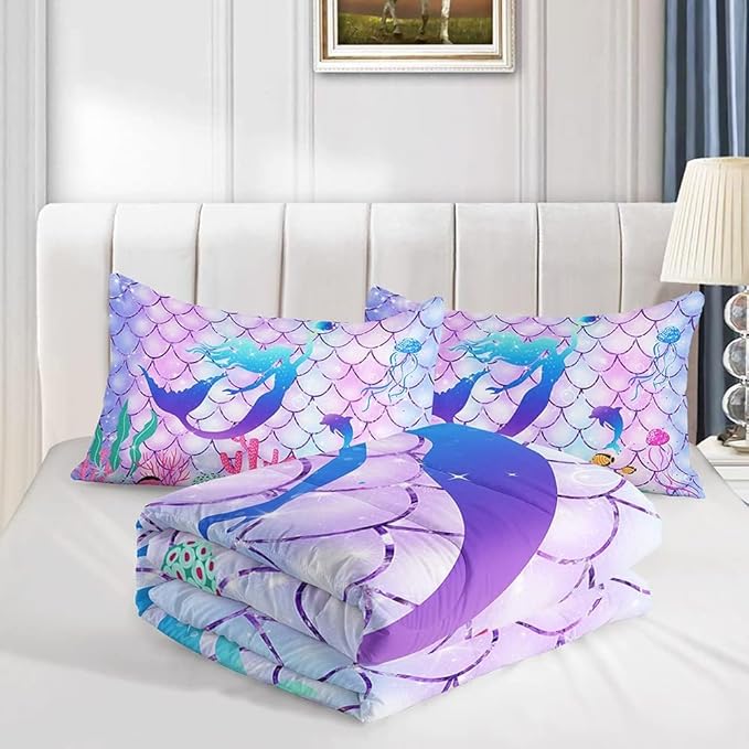 CVHOUSE Mermaid Comforter Sets King for Girls Women,Mermaid Scale Bedding Sets King Set,Mermaid Bedspread,Mermaid Duvet,Mermaid Bed Set,Mermaid Quilt Set 3 Pcs 1 Comforter and 2 Pillowcases