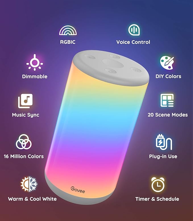 Govee RGBIC Table Lamp, Smart Lamp Work with Alexa, LED Lamp with Music Sync and 43 Scene Modes, Color Changing Lamp for Bedroom Decor, Dimmable Night Light (Corded Electric)