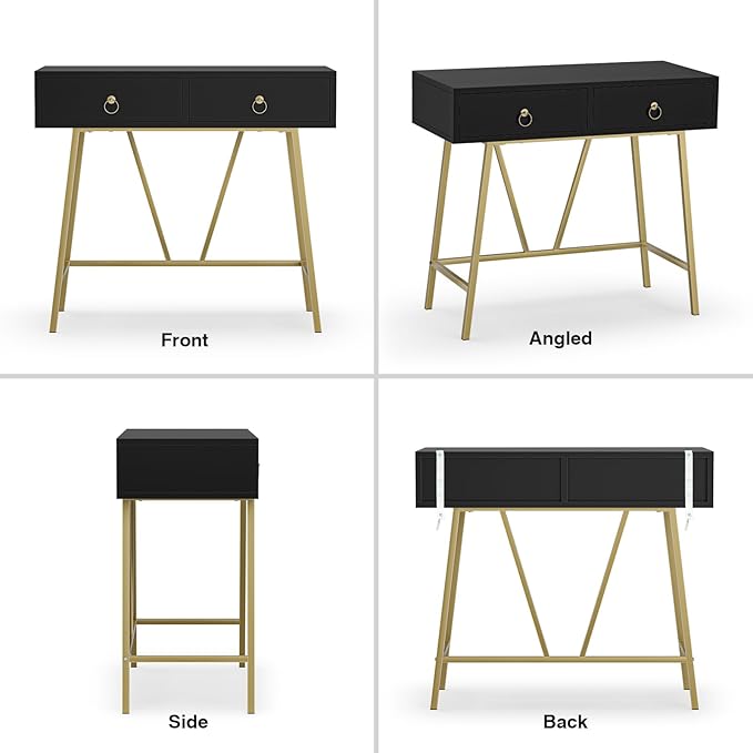 Anmytek Home Office Desk Black Writing Desk with 2 Drawers Modern & Simple Makeup Vanity Study Table Small Computer Desk, D0007