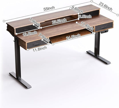 Electric Standing Desk, Multifunctional Standing Desk Adjustable Height, 55 * 24 Standing Desk with 4 Drawers, Ergonomic Adjustable Standing Desk with Keyboard Tray, Rustic Brown
