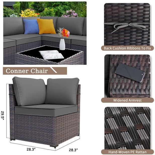 Patio Furniture Sectional Sofa Set 7 Pieces PE Rattan Patio Conversation Set w/43in Gas Fire Pit Table, Outdoor Furniture with 55000 BTU Propane Fire Pit, Grey