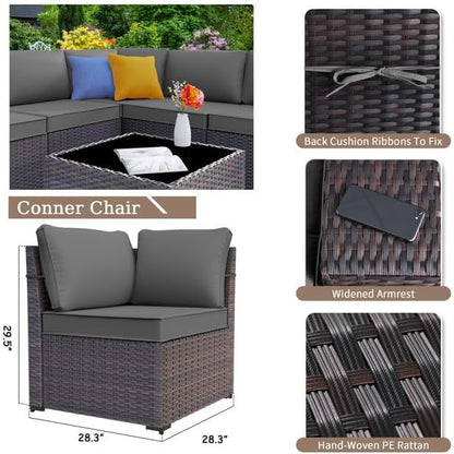 Patio Furniture Sectional Sofa Set 7 Pieces PE Rattan Patio Conversation Set w/43in Gas Fire Pit Table, Outdoor Furniture with 55000 BTU Propane Fire Pit, Grey