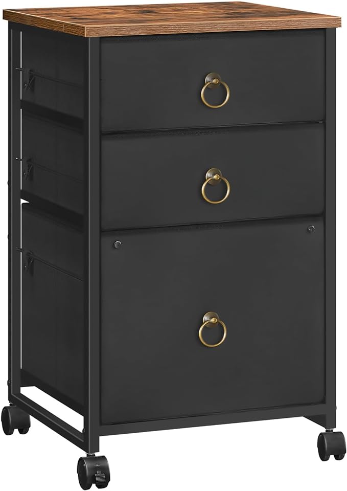 HOOBRO 3-Drawer Mobile File Cabinet, Vertical Filing Cabinet, Office Cabinet, Filing Cabinet for Home Office, Rolling Printer Stand, A4/Letter-Sized, Nonwovens Drawer, Rustic Brown and Black BFK30WJ01