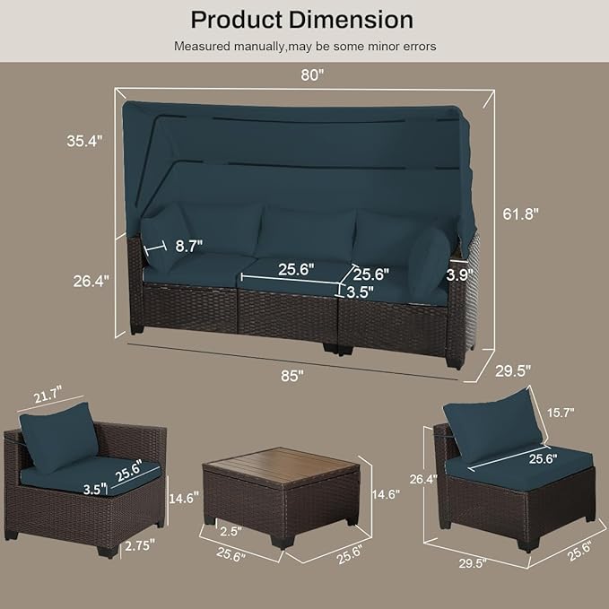 6 PCS Outdoor Patio Furniture Set,Sectional Sofa Set,Rattan Daybed with Retractable Canopy,Adjustable Backrest,Storage Coffee Table,Chaise Chair Sunbed for Garden Poolside Backyard(Sky Blue)