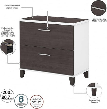 Bush Furniture Somerset 2 Drawer Lateral File Cabinet | Letter, Legal, and A4-size Document Storage for Home Office, 30W x 17D x 29H, White and Storm