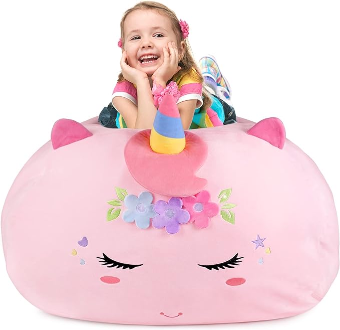 GAGAKU Stuffed Animal Bean Bag Cover Toy Storage, 24 Inches Kids Bean Bag Chair Cover ONLY Pink Unicorn Large Zipper Bean Bag for Organizing Kids Plush Toys Home Supplies (Cover Only)