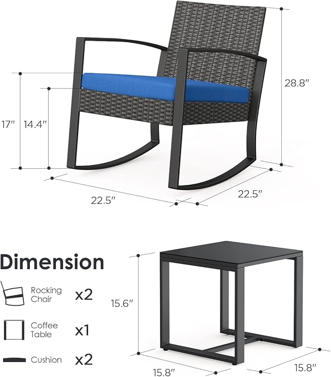 Patio Furniture Set 3 Pieces, Rattan Rocking Patio Chairs, Modern Outdoor Bistro Table and Chairs Conversation Set for Balcony Porch Garden Yard Poolside, Blue