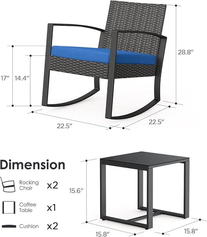 Patio Furniture Set 3 Pieces, Rattan Rocking Patio Chairs, Modern Outdoor Bistro Table and Chairs Conversation Set for Balcony Porch Garden Yard Poolside, Blue