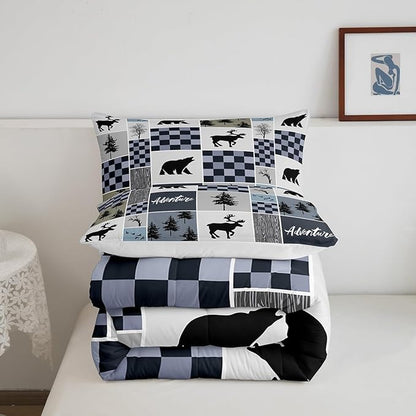 Deer Antler Comforter Set Queen Size,Bear Rustic Farmhouse Adventure Bedding Set for Kids Boys Girls Adults Room Decor,Pine Trees Plaid Patchwork Down Comforter,Blue Xmas Duvet Insert,2 Pillowcases