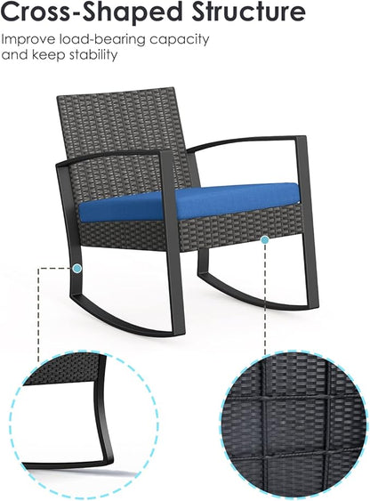 Patio Furniture Set 3 Pieces, Rattan Rocking Patio Chairs, Modern Outdoor Bistro Table and Chairs Conversation Set for Balcony Porch Garden Yard Poolside, Blue