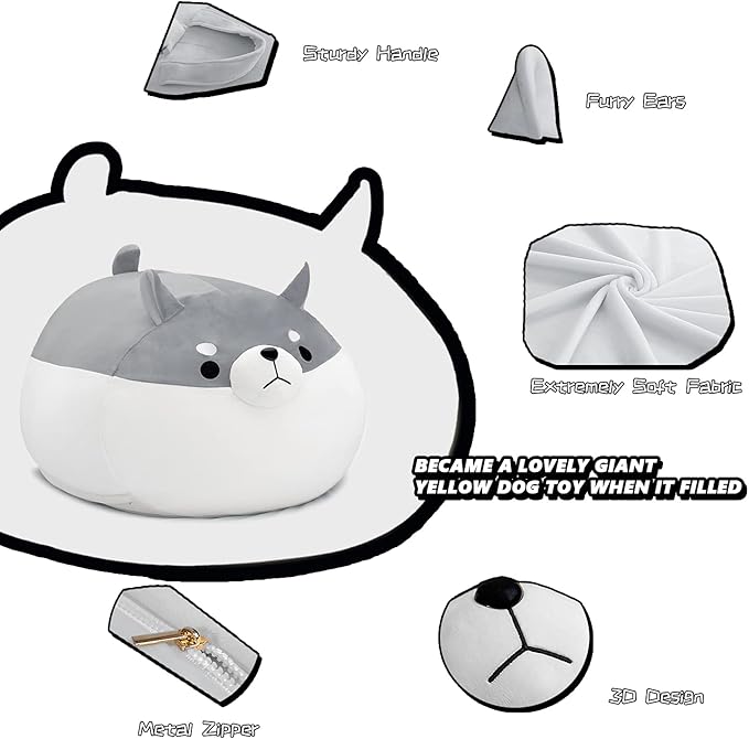 Stuffed Animal Storage Bean Bag Chair Cover for Kids Grey Shiba Inu Dog Bean Bag Chair for Girls XX-Large Size Toy Organizer Cover Only Without Filling