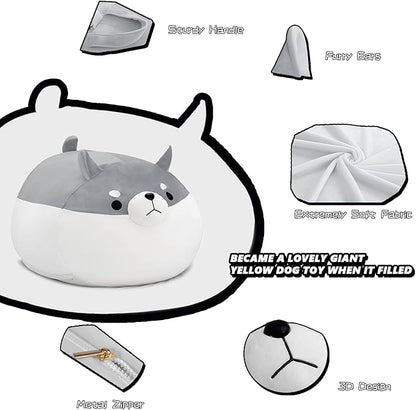 Stuffed Animal Storage Bean Bag Chair Cover for Kids Grey Shiba Inu Dog Bean Bag Chair for Girls XX-Large Size Toy Organizer Cover Only Without Filling