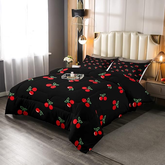 Erosebridal Red Cherry Comforter Set for Kids, Fruit Kawaii Bedding Set Twin, Cute Cherry Cartoon Down Comforter for Boys Girls Women Bedroom Decor, Reversible Luxury Soft Quilted Comforter, Black