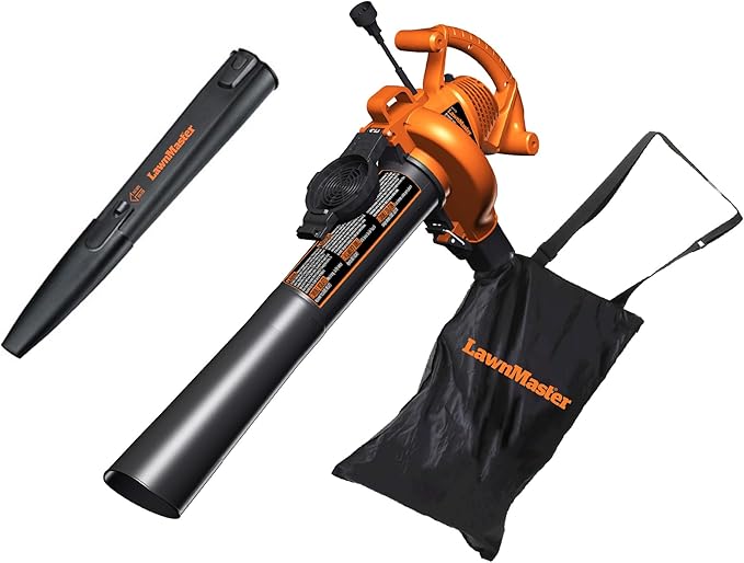 LawnMaster BV1210 Electric Blower Vacuum Mulcher 12 Amp 2-Speed Adjustment with Metal Impeller 240 MPH 380 CFM 16:1 Mulch Ratio