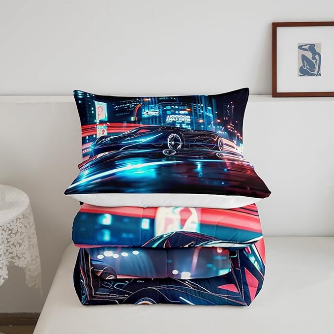 Feelyou City Racing Car Bedding Set Twin Size for Kids Boys Extreme Sport Games Comforter Set Teens Toddler Fast and Furious Duvet Set Cool Modern Quilt Set 2Pcs