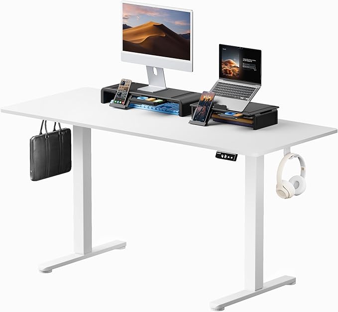 ProtoArc Standing Desk with Dual Monitor Stand Riser, 55 x 24 Inches Height Adjustable Desk with Storage, Electric Stand up Desk with Laptop Stand (Black/White)