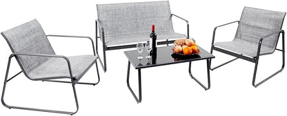 4 Pieces Patio Furniture Set Outdoor Patio Conversation Sets Poolside Lawn Chairs with Glass Coffee Table Porch Furniture for Courtyard, Garden and Balcony (Grey)