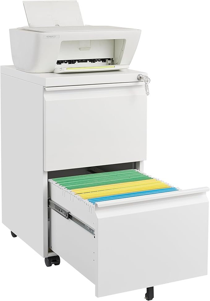 2 Drawer Mobile Lock and Casters,Pre-Assembled Metal Office Storage Filing Cabinets w/Anti-Dumping Fifth Round,for Letter/Legal/A4 Size,White