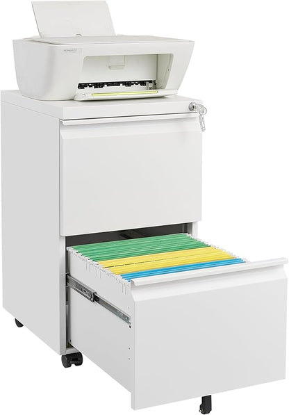 2 Drawer Mobile Lock and Casters,Pre-Assembled Metal Office Storage Filing Cabinets w/Anti-Dumping Fifth Round,for Letter/Legal/A4 Size,White