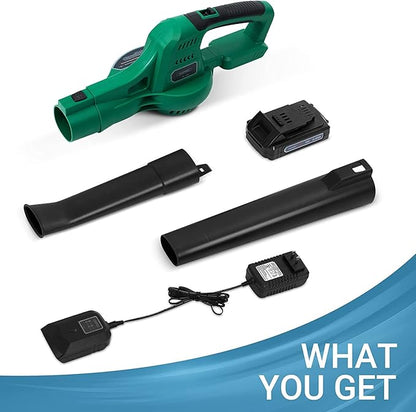 20V Cordless Leaf Blower with Battery and Charger, Leaf Blower Battery Operated, Rechargeable Electric Handheld Leaf Blower Variable Speed with 2 Tubes for Patio, Leaves Blowing-Green