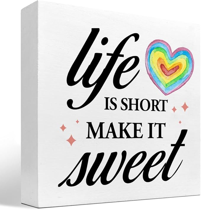 Life Is Short Make It Sweet Sign,Inspirational Quote Wood Box Sign,Motivational Signs Wooden Block Rainbow Decorations for Home Office Shelf Decor