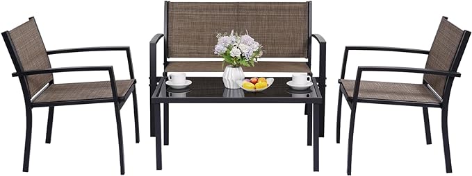 4 Pieces Patio Furniture Set Outdoor Garden Patio Conversation Sets Poolside Lawn Chairs with Tempered Glass Coffee Table Loveseat Porch Furniture Textilene Fabric Yellow