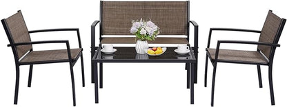 4 Pieces Patio Furniture Set Outdoor Garden Patio Conversation Sets Poolside Lawn Chairs with Tempered Glass Coffee Table Loveseat Porch Furniture Textilene Fabric Yellow