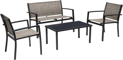 Greesum 4 Pieces Patio Furniture Set Outdoor Conversation Textilene Fabric Chairs for Lawn, Garden, Balcony, Poolside with A Glass Coffee Table, Brown
