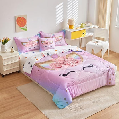 ADASMILE A & S Full Unicorn Comforter Sets for Girls 6 Pieces Pink Floral Unicorn Bedding Set with Colorful Cute Love Heart Sheets Full for Girls Unicorn Bed in a Bag Comforter for Home Decor